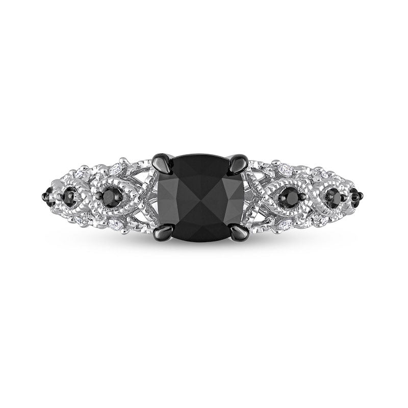 1.13 CT. T.W. Black Enhanced and White Cushion-Cut Natural Diamond Twist Shank Engagement Ring in Solid 14K White Gold