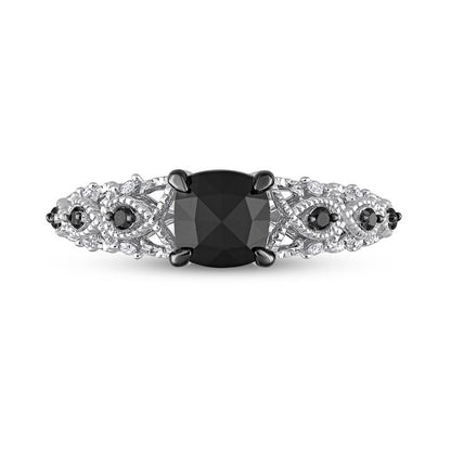 1.13 CT. T.W. Black Enhanced and White Cushion-Cut Natural Diamond Twist Shank Engagement Ring in Solid 14K White Gold