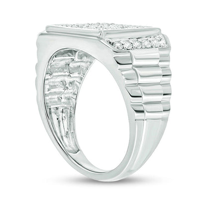 Men's 1.0 CT. T.W. Natural Diamond Square-Top Ribbed Shank Ring in Solid 10K White Gold