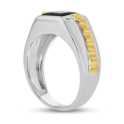 Men's 8.0mm Square Onyx and Natural Diamond Accent Ribbed Shank Ring in Sterling Silver and Solid 14K Gold Plate