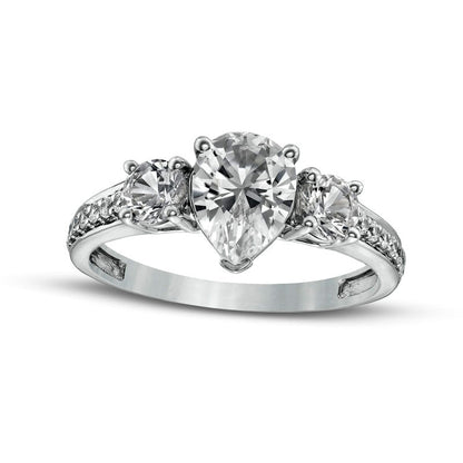 Pear-Shaped White Lab-Created Sapphire and 0.17 CT. T.W. Diamond Three Stone Engagement Ring in Solid 10K White Gold