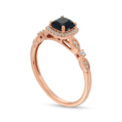 Cushion-Cut Black Sapphire and 0.10 CT. T.W. Natural Diamond Frame Art Deco Antique Vintage-Style Engagement Ring in Solid 10K Rose Gold