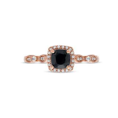 Cushion-Cut Black Sapphire and 0.10 CT. T.W. Natural Diamond Frame Art Deco Antique Vintage-Style Engagement Ring in Solid 10K Rose Gold