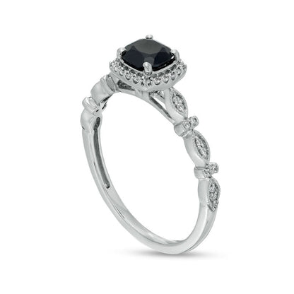 Cushion-Cut 5mm Black Sapphire and 0.10 CT. T.W. Natural Diamond Frame Art Deco Antique Vintage-Style Engagement Ring in Solid 10K White Gold