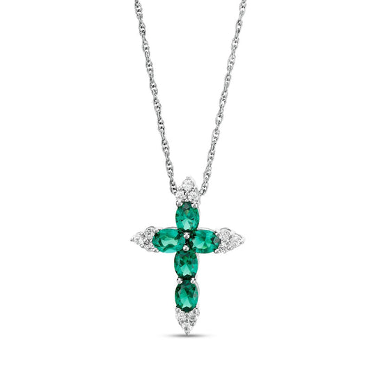 Oval Lab-Created Emerald and White Sapphire Tri-Point Cross Pendant in Sterling Silver