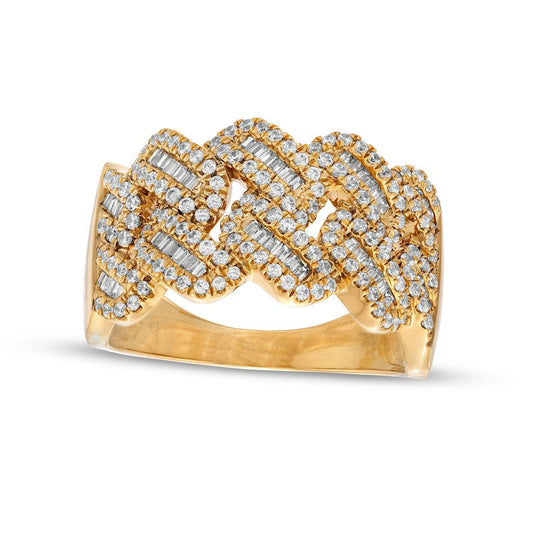 Men's 1.0 CT. T.W. Baguette and Round Natural Diamond Curb Chain Link Ring in Solid 10K Yellow Gold