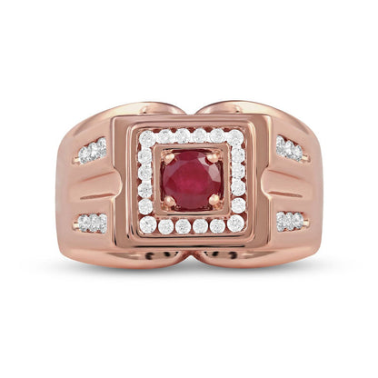 Men's 5.0mm Ruby and 0.50 CT. T.W. Natural Diamond Square Frame Double Row with Groove Shank Ring in Solid 10K Rose Gold