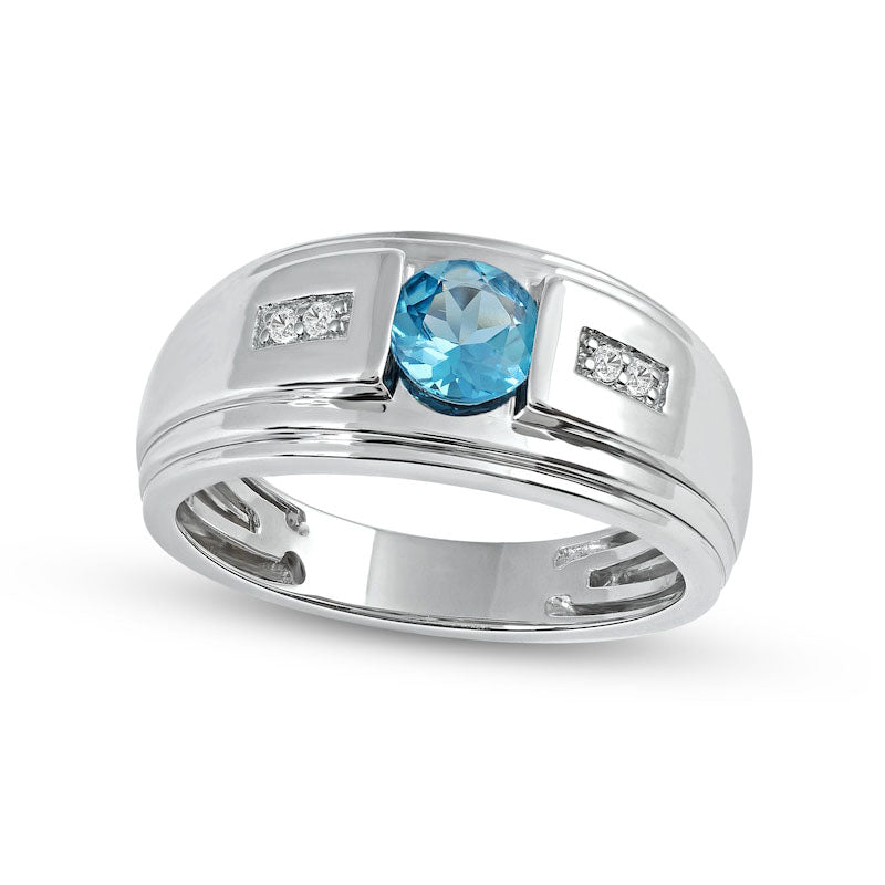 Men's 6.0mm Swiss Blue Topaz and 0.05 CT. T.W. Natural Diamond Stepped Edge Ring in Sterling Silver