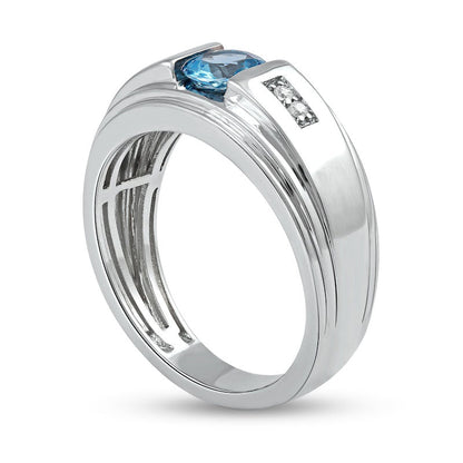 Men's 6.0mm Swiss Blue Topaz and 0.05 CT. T.W. Natural Diamond Stepped Edge Ring in Sterling Silver