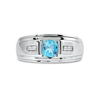 Men's 6.0mm Swiss Blue Topaz and 0.05 CT. T.W. Natural Diamond Stepped Edge Ring in Sterling Silver