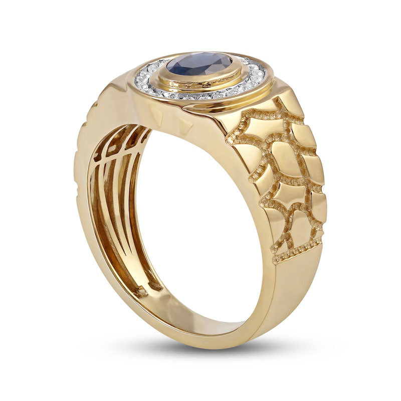 Men's Oval Blue Sapphire and 0.20 CT. T.W. Natural Diamond Frame Nugget Shank Ring in Solid 10K Yellow Gold