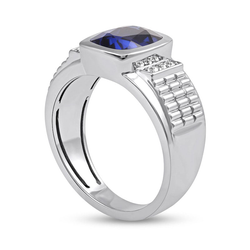 Men's Cushion-Cut Blue and White Lab-Created Sapphire Tri-Sides Triple Row Ribbed Shank Ring in Sterling Silver