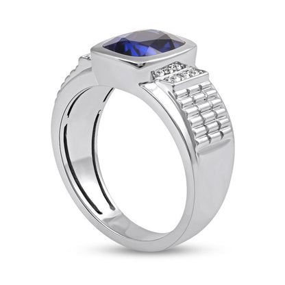 Men's Cushion-Cut Blue and White Lab-Created Sapphire Tri-Sides Triple Row Ribbed Shank Ring in Sterling Silver