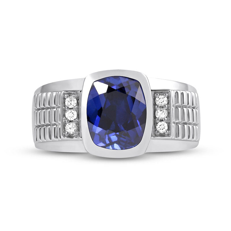 Men's Cushion-Cut Blue and White Lab-Created Sapphire Tri-Sides Triple Row Ribbed Shank Ring in Sterling Silver