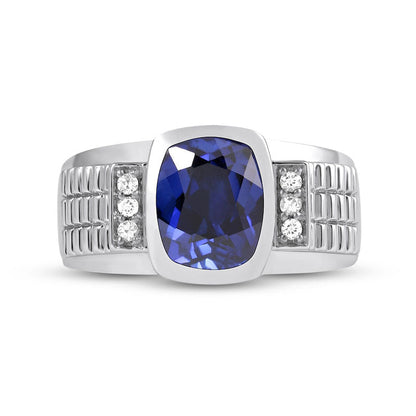 Men's Cushion-Cut Blue and White Lab-Created Sapphire Tri-Sides Triple Row Ribbed Shank Ring in Sterling Silver