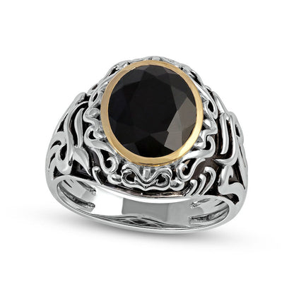 Men's Oval Black Onyx and Filigree Dome Shank Ring in Sterling Silver and Solid 10K Yellow Gold
