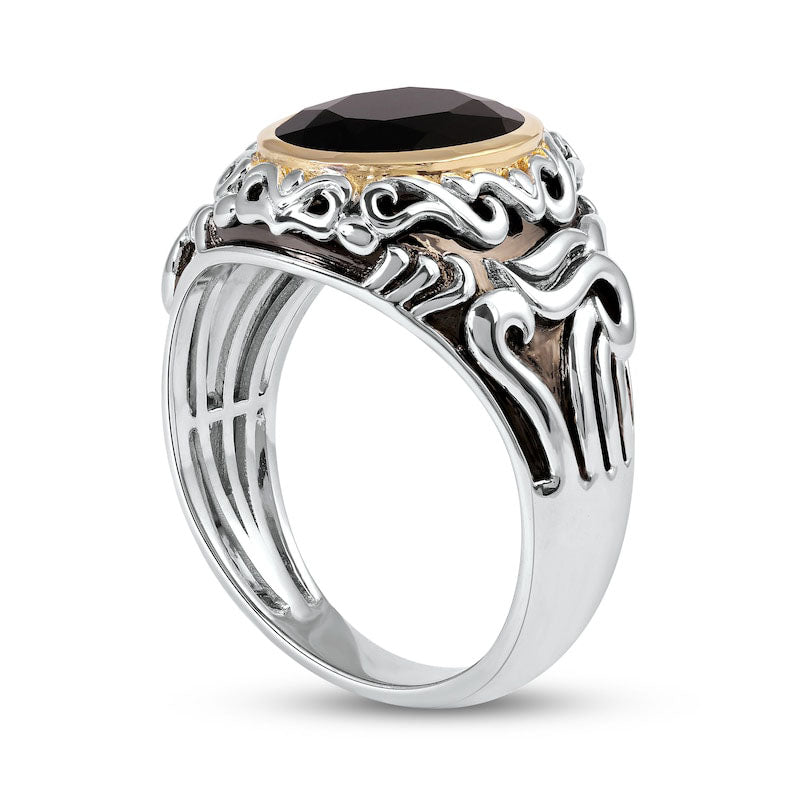Men's Oval Black Onyx and Filigree Dome Shank Ring in Sterling Silver and Solid 10K Yellow Gold
