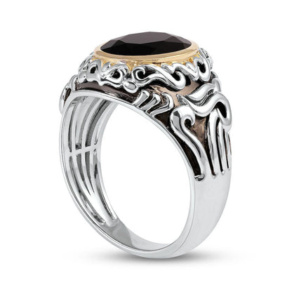 Men's Oval Black Onyx and Filigree Dome Shank Ring in Sterling Silver and Solid 10K Yellow Gold