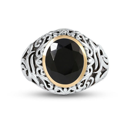 Men's Oval Black Onyx and Filigree Dome Shank Ring in Sterling Silver and Solid 10K Yellow Gold