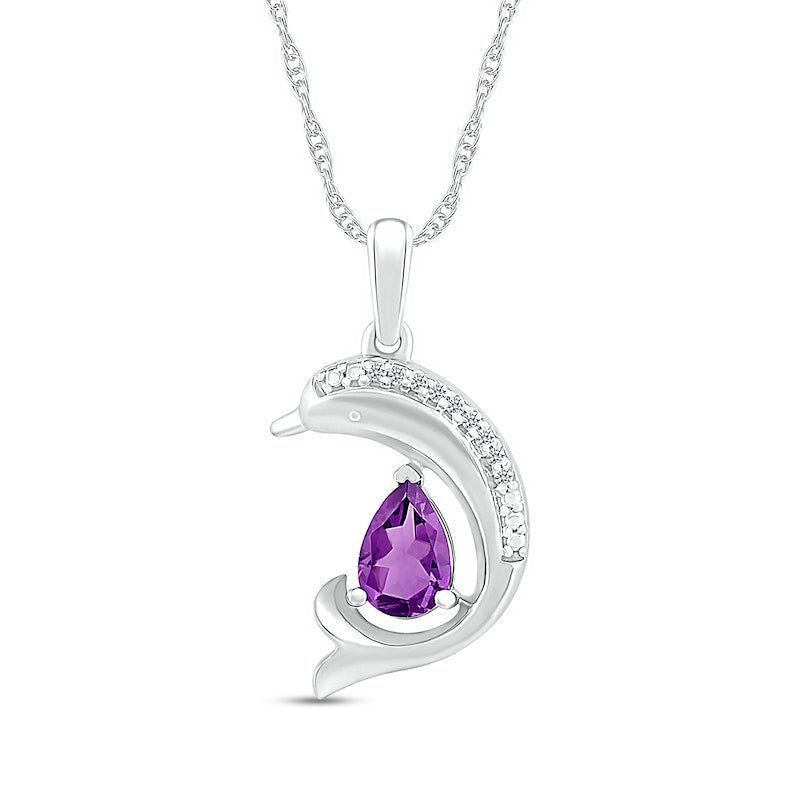 Pear-Shaped Amethyst and Natural Diamond Accent Beaded Dolphin Pendant in Sterling Silver