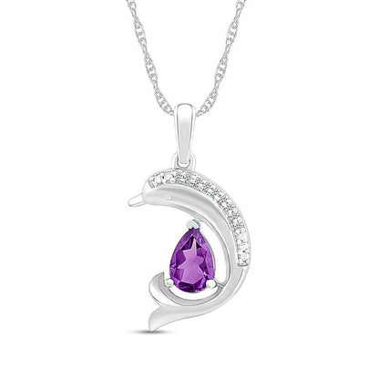 Pear-Shaped Amethyst and Natural Diamond Accent Beaded Dolphin Pendant in Sterling Silver