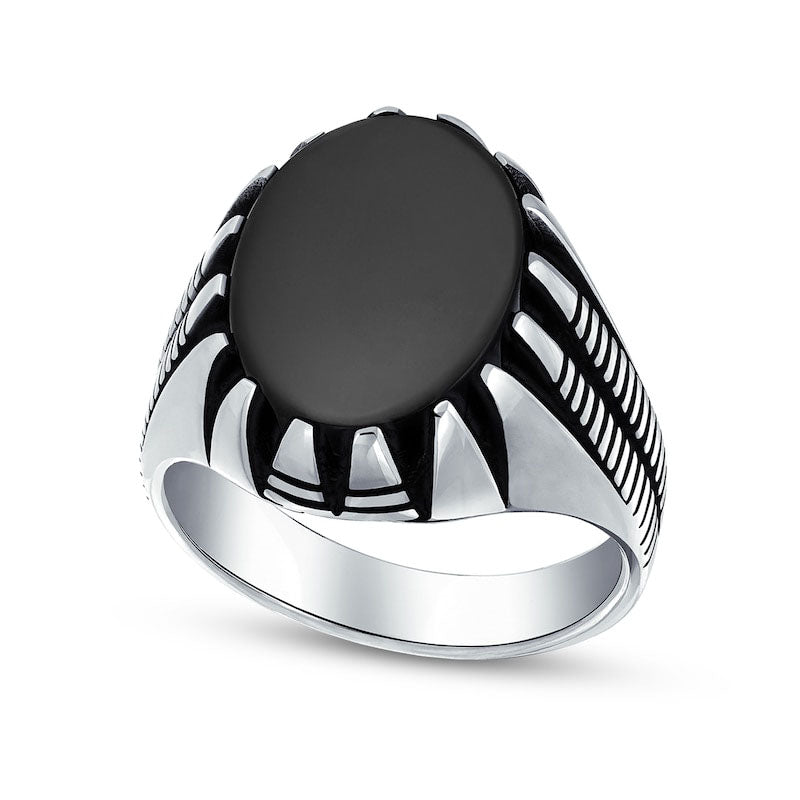 Men's Oval Black Onyx Cabochon Claw Frame Double Row Ring in Sterling Silver
