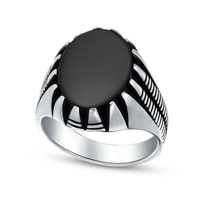 Men's Oval Black Onyx Cabochon Claw Frame Double Row Ring in Sterling Silver