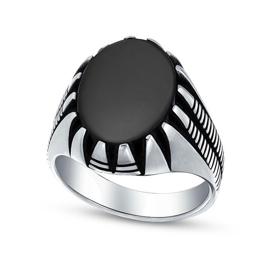 Men's Oval Black Onyx Cabochon Claw Frame Double Row Ring in Sterling Silver