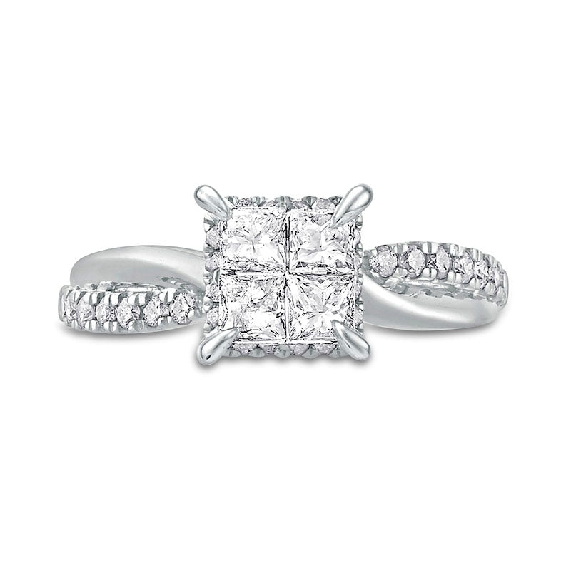 1.0 CT. T.W. Quad Princess-Cut Natural Diamond Hidden Halo Twist Shank Engagement Ring in Solid 10K White Gold (I/I2)