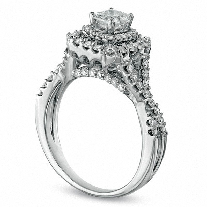 Previously Owned - 1.25 CT. T.W. Certified Radiant-Cut Natural Diamond Frame Engagement Ring in Solid 14K White Gold (I/I1)