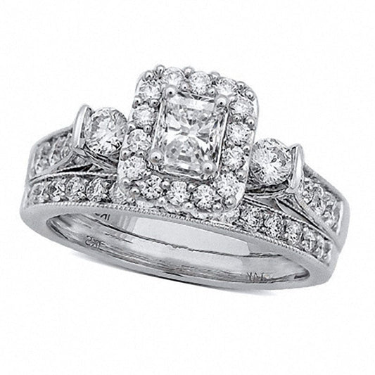 Previously Owned - 1.20 CT. T.W. Radiant-Cut Natural Diamond Frame Antique Vintage-Style Bridal Engagement Ring Set in Solid 14K White Gold