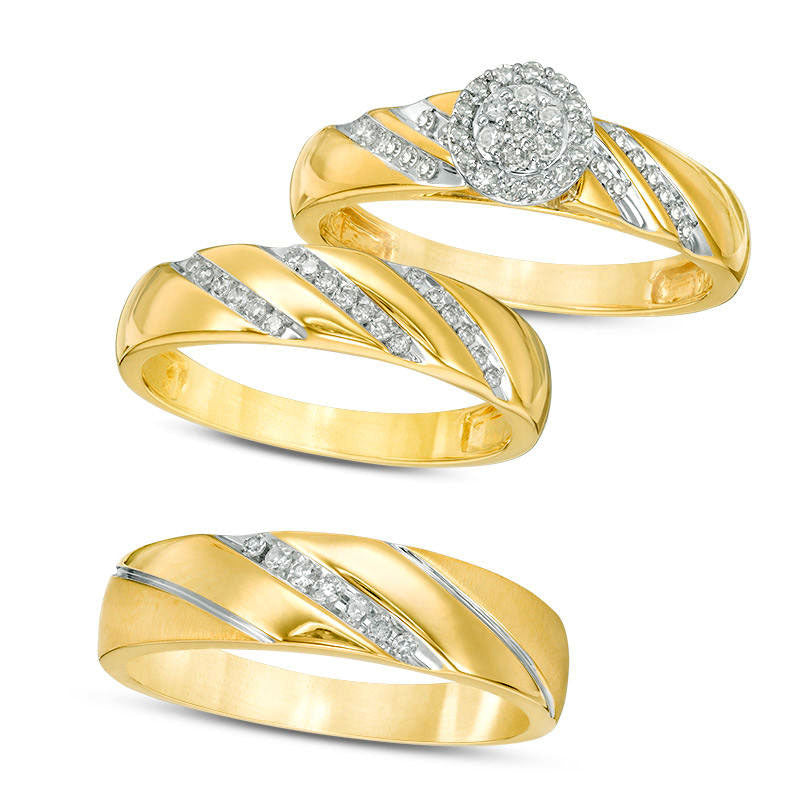 Previously Owned - 0.33 CT. T.W. Composite Natural Diamond Frame Slant Wedding Ensemble in Solid 10K Yellow Gold