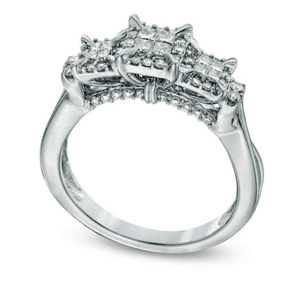 Previously Owned - 0.50 CT. T.W. Princess-Cut Quad Natural Diamond Frame Three Stone Engagement Ring in Solid 10K White Gold