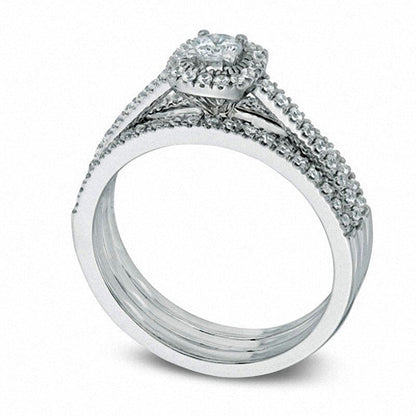 Previously Owned - 0.50 CT. T.W. Natural Diamond Frame Three Piece Bridal Engagement Ring Set in Solid 14K White Gold