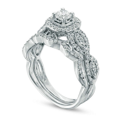 Previously Owned - 0.75 CT. T.W. Natural Diamond Square Frame Antique Vintage-Style Bridal Engagement Ring Set in Solid 10K White Gold