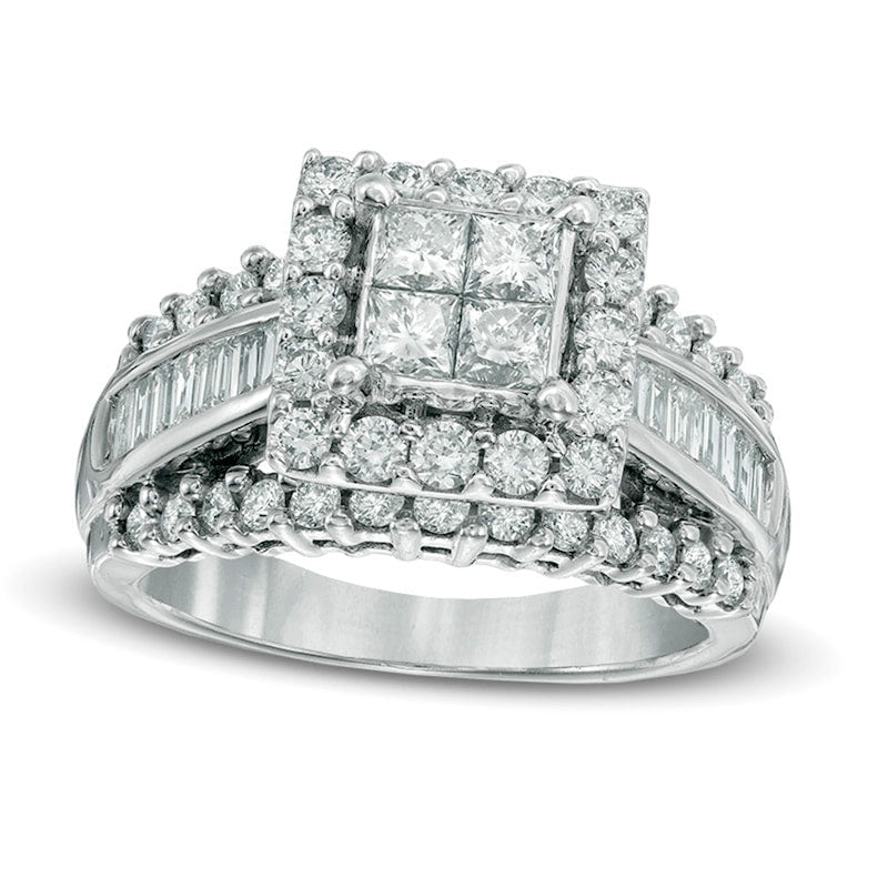 Previously Owned - 2.0 CT. T.W. Quad Princess-Cut and Baguette Natural Diamond Engagement Ring in Solid 14K White Gold