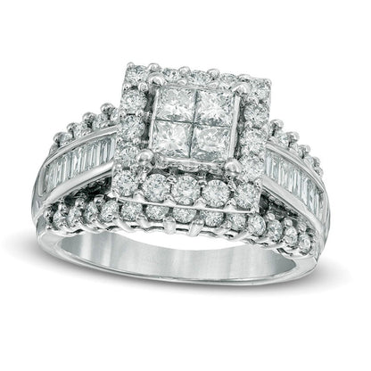 Previously Owned - 2.0 CT. T.W. Quad Princess-Cut and Baguette Natural Diamond Engagement Ring in Solid 14K White Gold