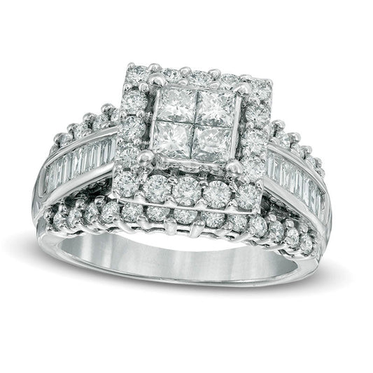 Previously Owned - 2.0 CT. T.W. Quad Princess-Cut and Baguette Natural Diamond Engagement Ring in Solid 14K White Gold