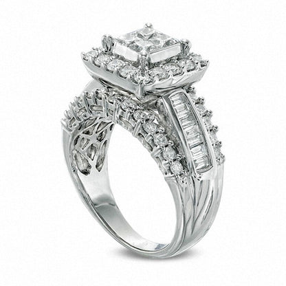 Previously Owned - 2.0 CT. T.W. Quad Princess-Cut and Baguette Natural Diamond Engagement Ring in Solid 14K White Gold