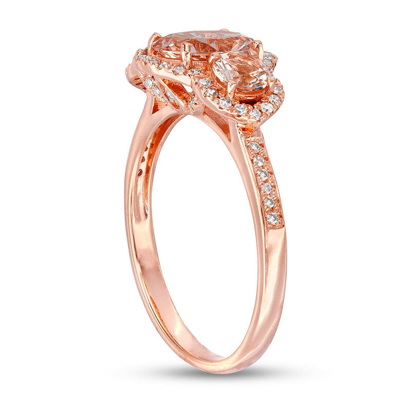 Previously Owned - Oval Morganite and 0.20 CT. T.W. Natural Diamond Frame Three Stone Engagement Ring in Solid 14K Rose Gold