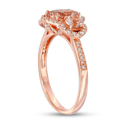 Previously Owned - Oval Morganite and 0.20 CT. T.W. Natural Diamond Frame Three Stone Engagement Ring in Solid 14K Rose Gold