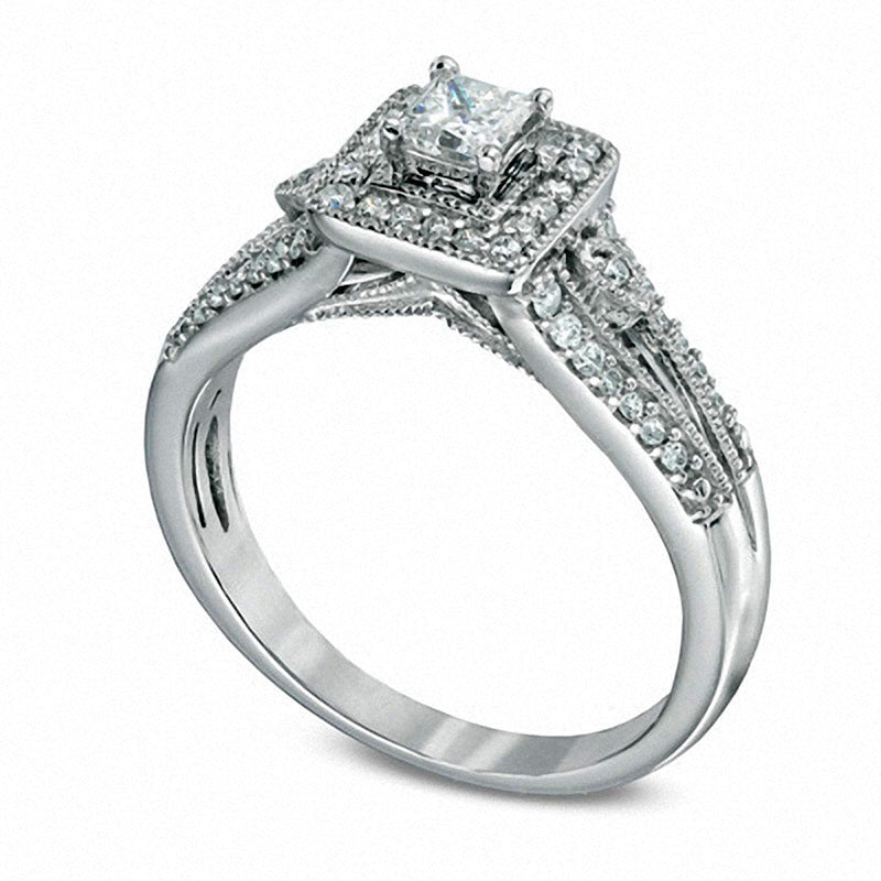 Previously Owned - 0.50 CT. T.W. Princess-Cut Natural Diamond Antique Vintage-Style Engagement Ring in Solid 10K White Gold