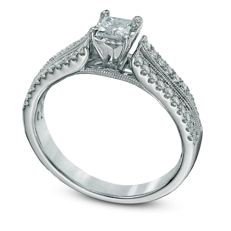 Previously Owned - 0.50 CT. T.W. Princess-Cut Natural Diamond Split Shank Engagement Ring in Solid 10K White Gold