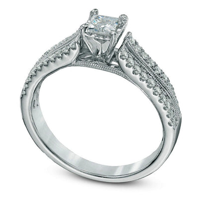 Previously Owned - 0.50 CT. T.W. Princess-Cut Natural Diamond Split Shank Engagement Ring in Solid 10K White Gold