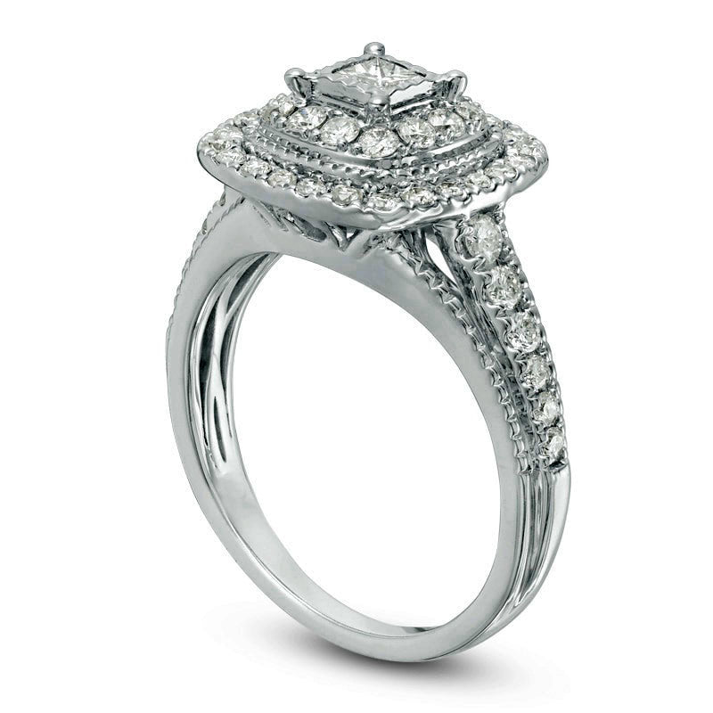 Previously Owned - 0.75 CT. T.W. Princess-Cut Natural Diamond Double Frame Antique Vintage-Style Engagement Ring in Solid 14K White Gold