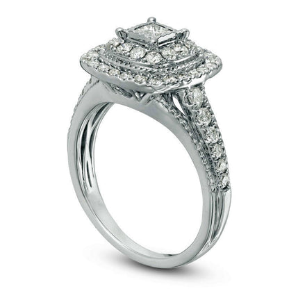 Previously Owned - 0.75 CT. T.W. Princess-Cut Natural Diamond Double Frame Antique Vintage-Style Engagement Ring in Solid 14K White Gold