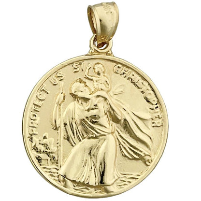 14K Gold 25MM Saint Christopher Protect Us Coin Medallion