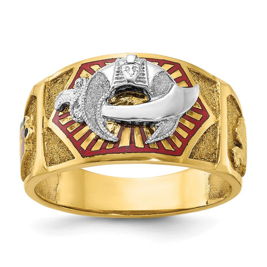 14k Two-tone Gold Men's Polished and Textured with Multi-color Enamel Masonic Shriner's Ring