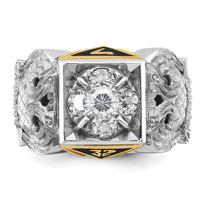 14k Two-tone Gold Men's Polished and Textured with Black Enamel and Diamond 32nd Degree Scottish Rite Masonic Ring