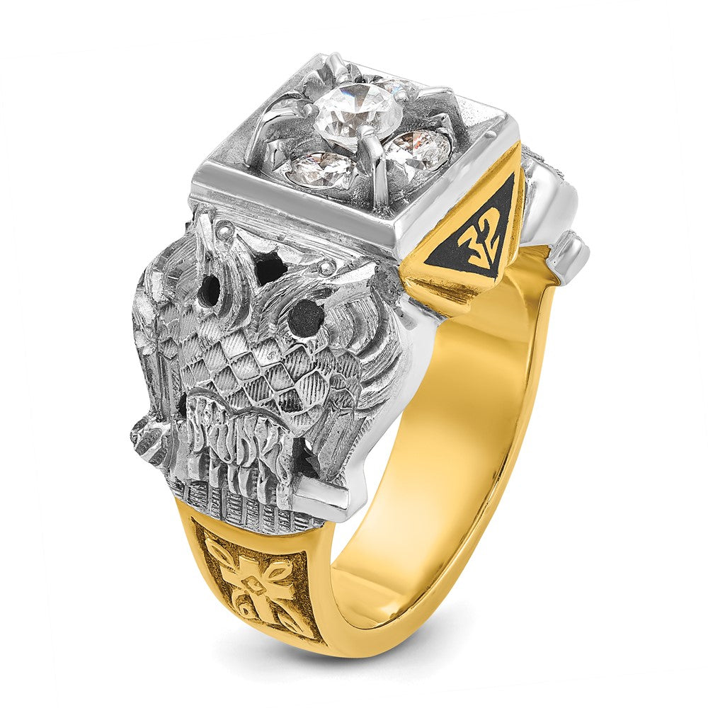 14k Two-tone Gold Men's Polished and Textured with Black Enamel and Diamond 32nd Degree Scottish Rite Masonic Ring